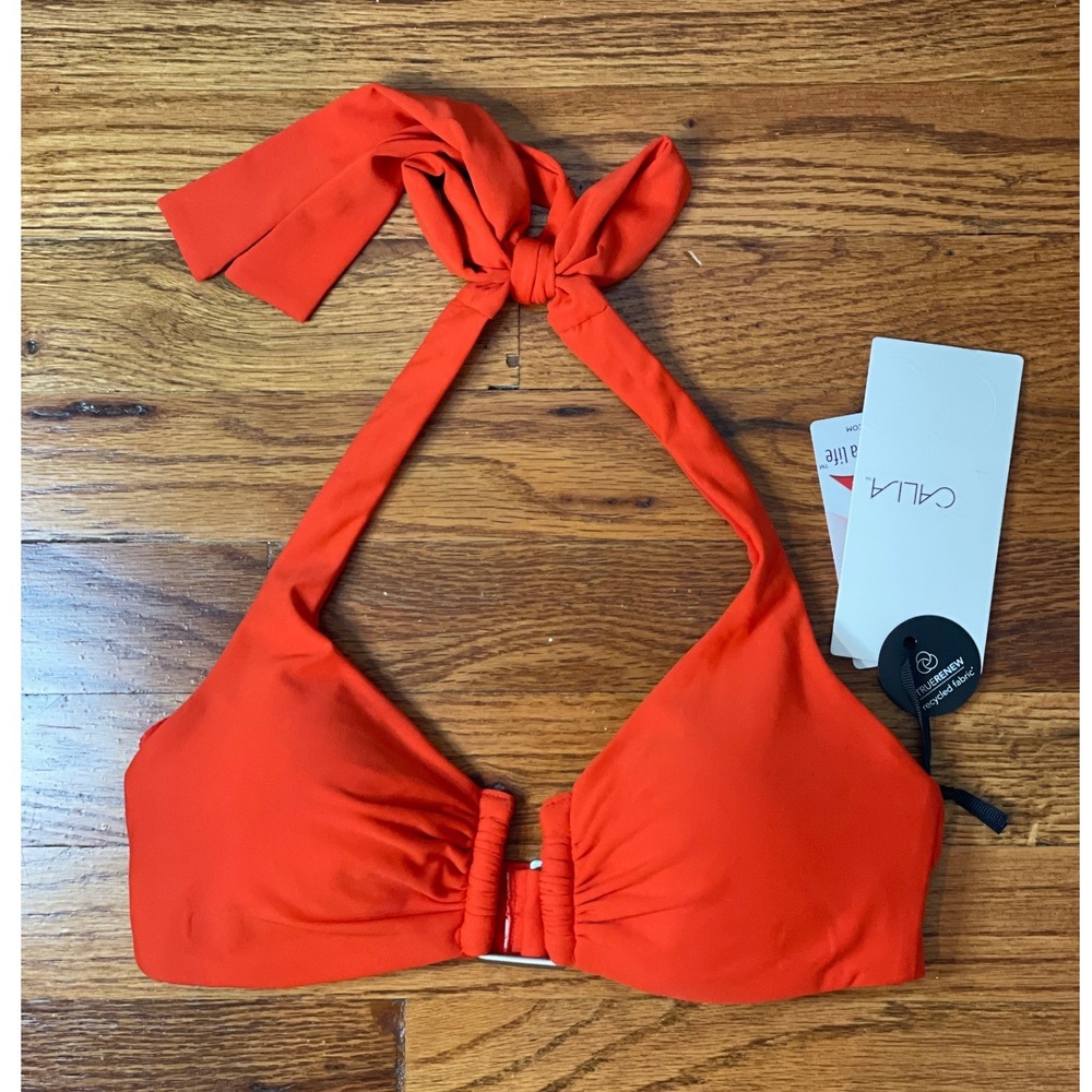 CALIA Bikini Top Women's‎ XS Fresh Red/Orange Halter Ruched Removable Cups NEW